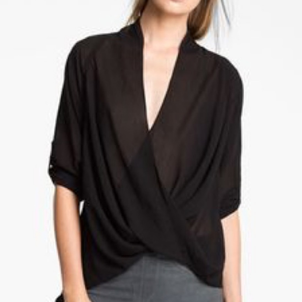 Helmet Lang Sheer Black Wrap Front Blouse Top Sz S